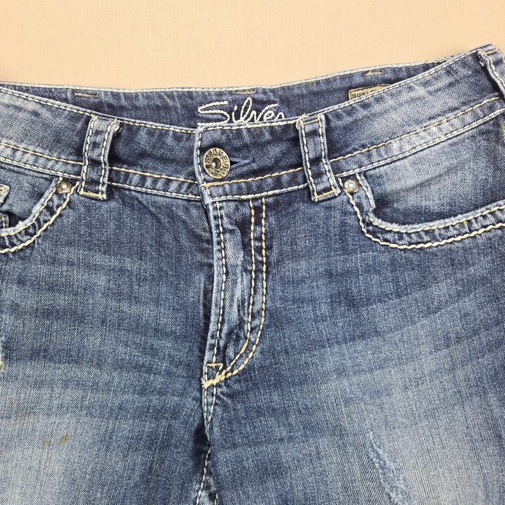 Silver Jeans Suki Surplus Capri Distressed Flap Pocket Blue Womens W31 - Picture 7 of 16